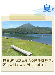 初夏、御池から見える高千穂峰は、夏に向けて青々としています。
